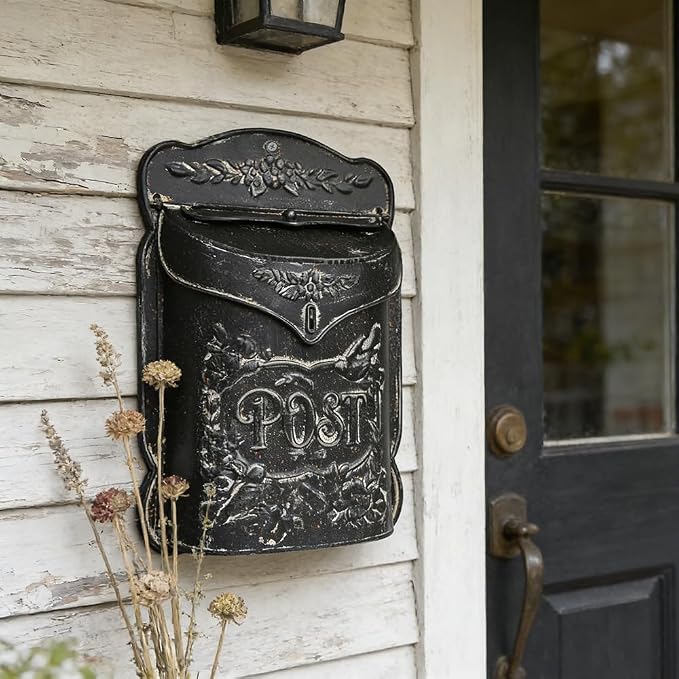 Wall Mount Mailbox for Outside Vintage Mail Boxes for House Outside Metal Door Mailbox Drop Box Antique Style Nostalgic Charm Home Decorative, Flower Pattern, Black