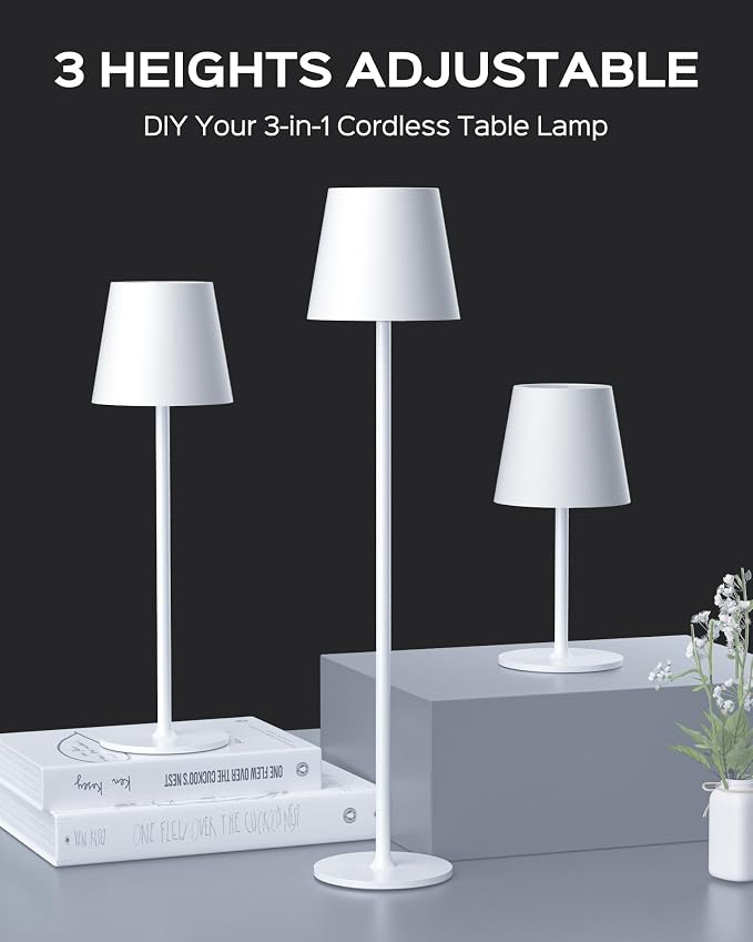 JACKYLED Cordless Table Lamps Rechargeable, 3 Adjustable Height, 5000 Capactiy Operated, 3 Colors Smooth Dimming, Portable LED Waterproof Table Lamp for Dining, Bedroom, Outdoor (2 Pack)