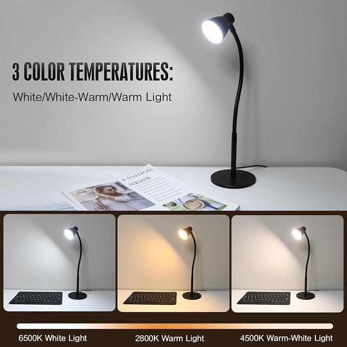 Small Dimmable Gooseneck LED Desk Lamp for Home Office, CRI 90+ Eye-Caring Reading Light, Adjustable Brightness, Perfect for Study Desk (Adapter Included)