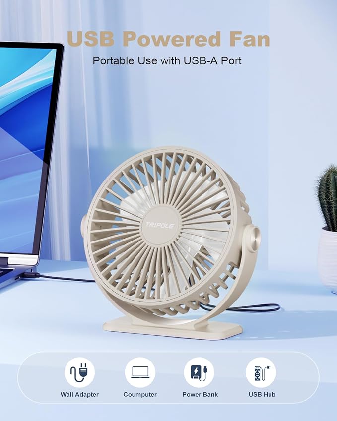 TriPole USB Desk Fan Small Portable, 360° Rotation Quiet Mini Personal Fan | Beige, 3 Speeds Plug In USB Fan, Desk Fans Small Quiet, 4.9ft Cable, Strong Breeze for Desktop Bedroom Office Table Travel
