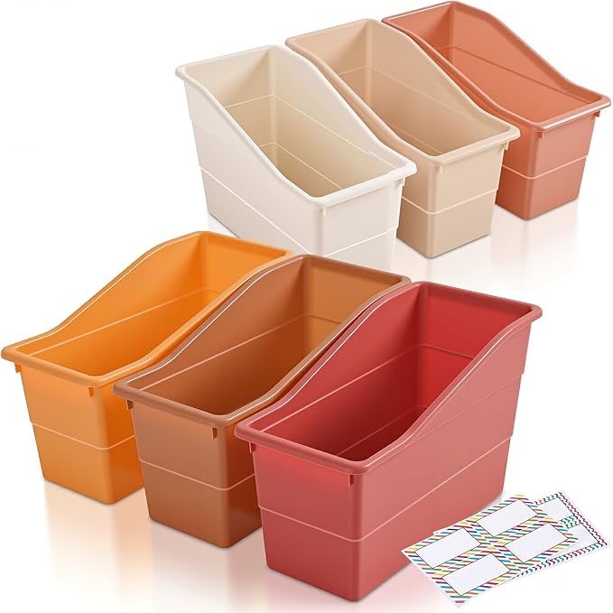 Blosssound 6 Set Book Bins for Classroom Stackable,Earth Tones | Plastic Baskets with Labels, Slanted Front, Library Supplies Organizers, Desktop Storage Bins, Teachers Home School Use