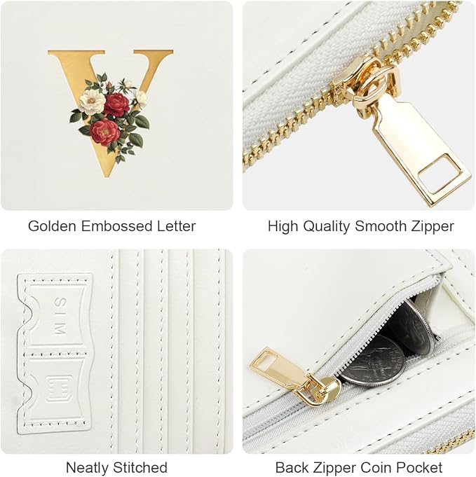 Passport Holder for Travel Personalized Wallet with Wristlet Women | All-in-One Passport Cover, RFID Blocking, Back Coin Pocket, Paper Money Slot, Zipper Closure, Roses Initial Letter, White V
