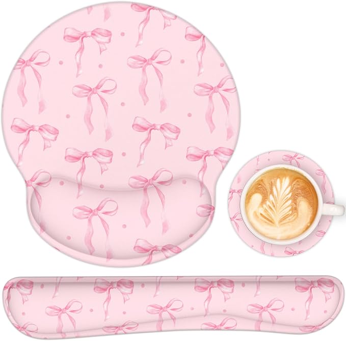 Ergonomic Mouse Pad with Wrist Rest and Keyboard Wrist Rest, Mousepad | Memory Foam Wrist Rest for Computer Keyboard, Pain Relief, Non-Slip Rubber Base, Mouse Pad Wrist Support for Gaming, Pink Bow