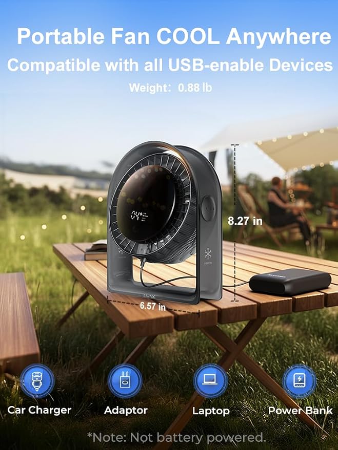 2026 Quiet USB Desk Fan,4 Speeds, 120°Tilt, table Fan for bed & Office | Air Circulator Mini Fan Bedroom,Translucent Black, Portable Smart Display Fan,Low Noise,7 Blades,Cool Room In 3 Mins