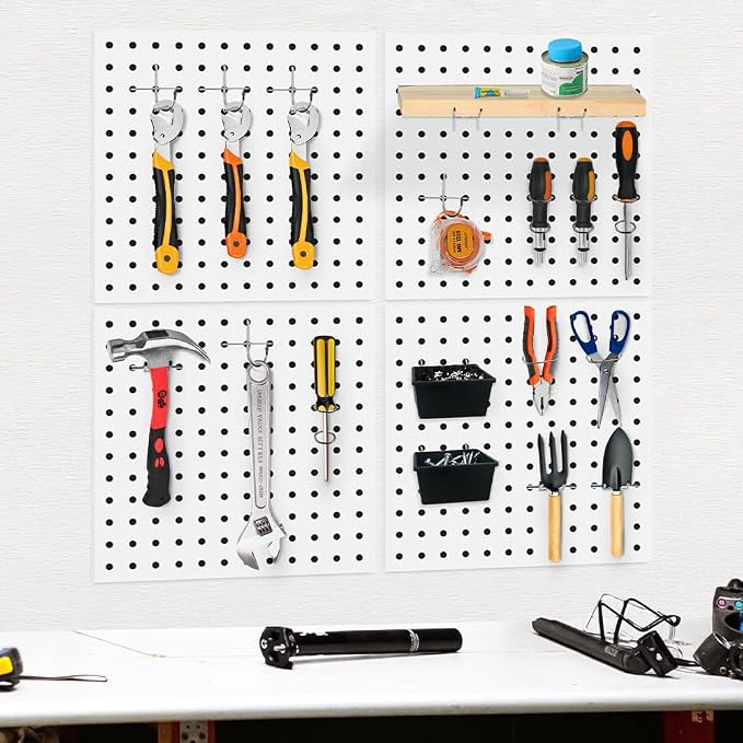 4Pcs Metal Pegboard Wall Organizer Panels, Peg Boards for Walls | White Mount Display Peg Board Kits, For Walls Garage Craft Room Office Workshop, Easy Installation