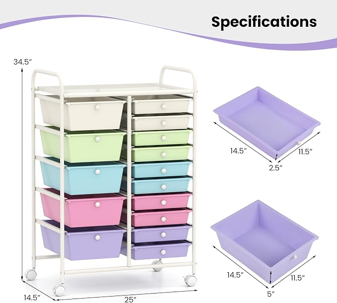 COSTWAY 15 Drawer Rolling Storage Cart, Mobile Storage Organizer | Removable Drawers & Metal Frame, Multipurpose Utility Tools Paper Organizer on Wheels for Home, Office (Ice Cream Colorful)
