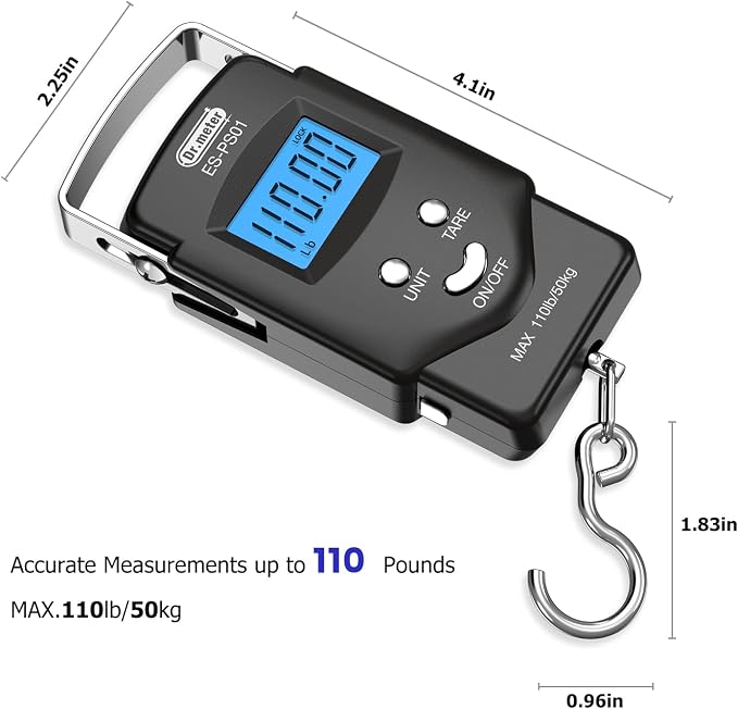 Dr.meter Fish Scale, 110 lb Digital Luggage Scale with Tape | 110 lb Capacity, Backlit LCD, Built-In Tape, Includes 2 AAA Batteries, Compact Pocket Size