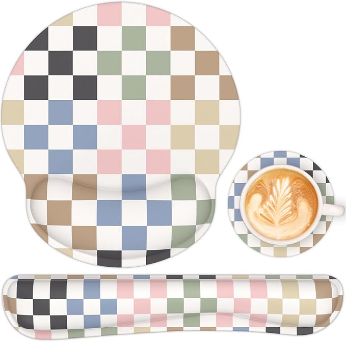 Ergonomic Mouse Pad with Wrist Rest and Keyboard Wrist Rest, Mousepad | Memory Foam Wrist Rest for Computer Keyboard, Non-Slip Rubber Base, Mouse Pad Wrist Support for Gaming, Colorful Checkered