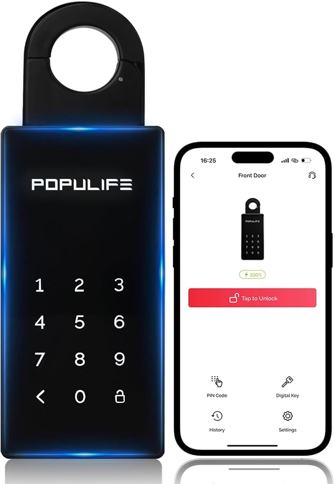 【Updated Version】 Populife Smart Key Lock Box for Outside, Wireless Lock Box for House Key, Hide a Key Outdoor, Electronic Digital Lockbox for Realtor Airbnb Smart Bluetooth Padlock, No WiFi Need