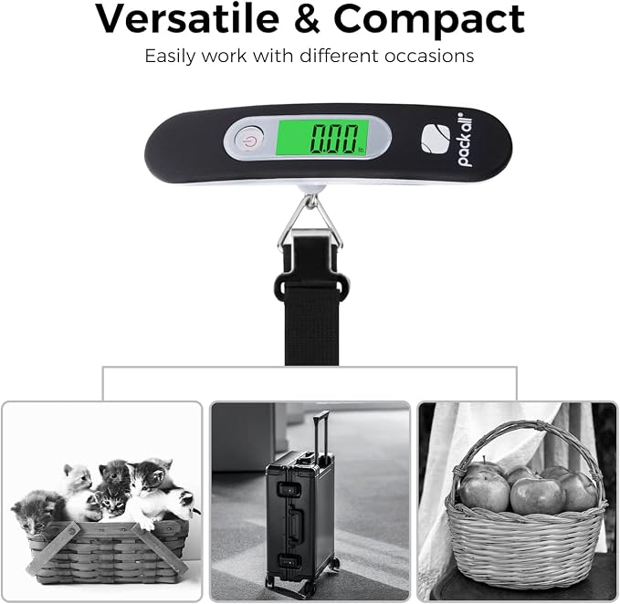 pack all Digital Luggage Scale for Travel, 110Lbs Capacity, 0.1Lb Precision | Handheld, Backlit LCD Display, Lb/Kg/Oz/g Conversion, Tare Function, Battery Included, Black