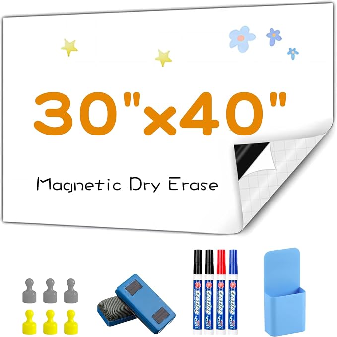 Magnetic Dry Erase Board Contact Paper 30"x40" for Wall | Stick on magnetic white boards for walls. Magnet receptive magnetic board for wall holds magnets.