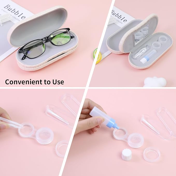 2 in 1 Contact Lens Case and Eyeglasses Case for Women Men Kids, Double Sided Hard Shell Portable Glasses Travel Holder with Built-in Mirror, Contact Lens Box Storage Kit, White