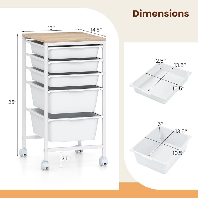 Giantex Rolling Storage Cart with 5 Drawers, Utility Cart w/Wooden Tabletop, Lockable Wheels, Multipurpose Organizer for Art Craft Books Paper, Drawer Carts for Dorm Classroom Office, White