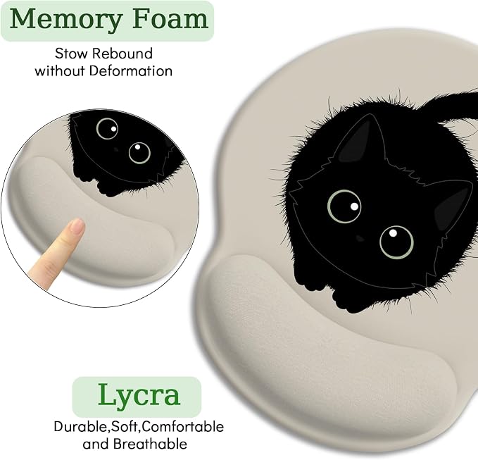 LIMKRIAN Black Cat Ergonomic Mouse Pad with Wrist Rest, Cat Lovers Gifts | Computer Small Mouse Pad, Comfort Wrist Support, Pain Relief, Non-Slip PU Base, Cute Office Supplies Desk Accessories Decor