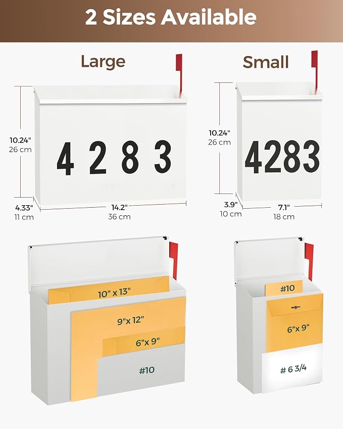 LAND·VOI Wall-Mount Mailbox with One Flag Kit and Three Sets of 0-9 Mailbox Number Stickers, Mailboxes for Outside, Galvanized Steel Rust-Proof Metal Post Box, 7.1"x3.9"x10.24", Textured White AMB05W