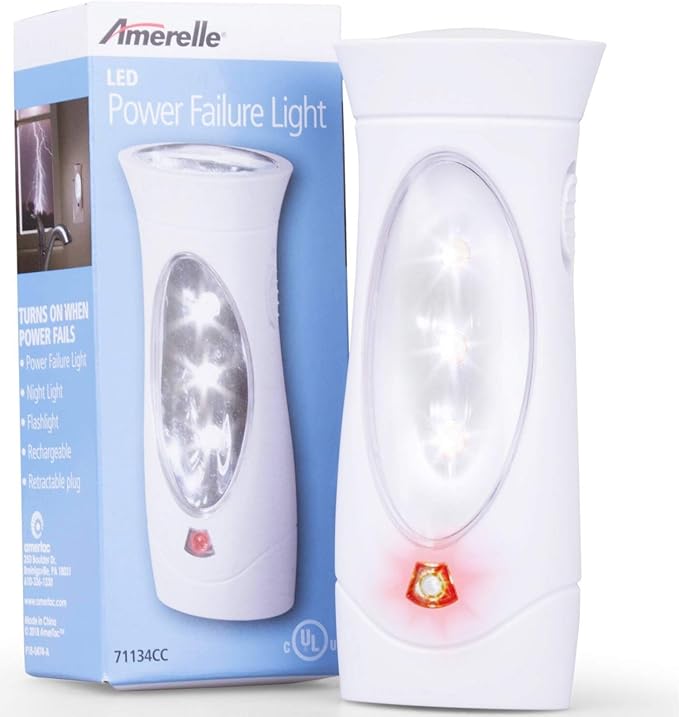 Amerelle LED Emergency Lights For Home Power Failure – Triple Function Power Failure Light and Plug In Flashlight Combo, With Rechargeable Battery – Be Snow Storm & Hurricane Ready (71134)