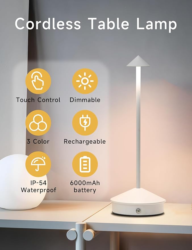 LED Rechargeable Cordless Table Lamps White | 2 Pcs Portable Modern USB Battery Operated Lights,Waterproof Touch Dimmable Desk Lamp,for Patio,Restaurant,Bar,Dining Home