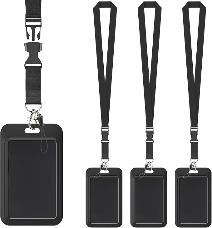 Uniclife 3 Pack Sliding Badge Holder Hard Black Vertical Plastic Card Case Protector with Detachable Lanyard Strap for Office School ID Credit Proximity Key Card Driver’s License and Pass