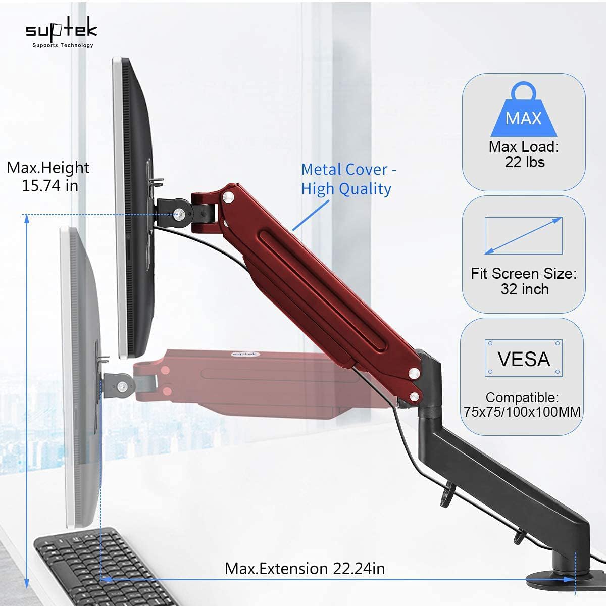 Suptek Monitor Mount Gas Spring Monitor Arm Desk Mount Fully Adjustable Fits 17 20 22 23 24 26 32 inch Monitors Weight Capacity up to 22 lbs