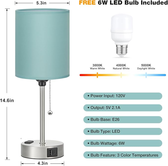 Small Bedside Table Lamp for Bedroom - Desk Lamp with USB Ports for Dorm | USB A+C Ports, AC Outlet, 3 Color Temperatures, LED Bulb Included, Teal Fabric Shade, Sleek Silver Base, 14" Night Stand Lamp