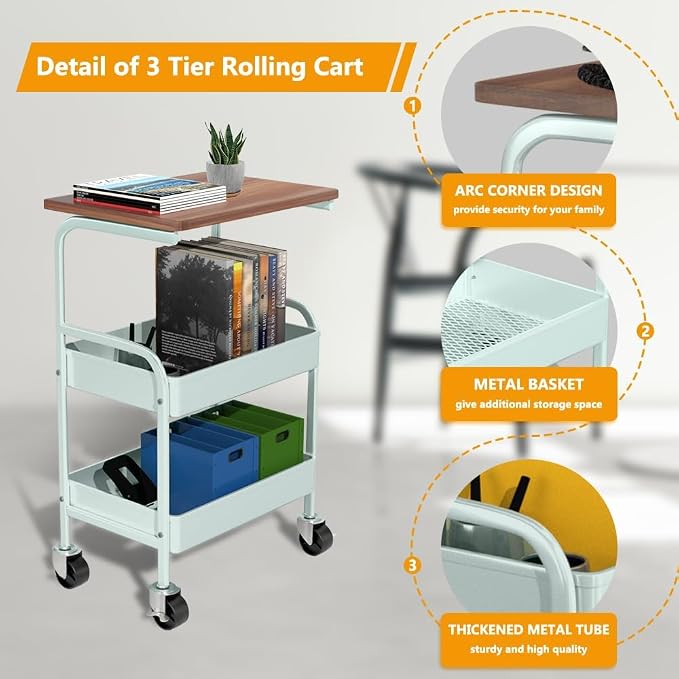 Rolling Cart with Wooden Tabletop, 3 Tier Metal Utility Cart, Rolling Storage Organizer Cart with Lockable Wheels for Kitchen, Office, Bedroom (Green)