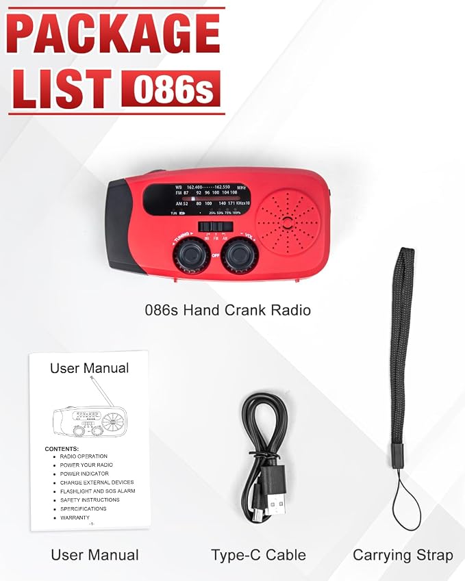Hand Crank Radio with AM/FM/NOAA Weather Band,for Emergencies, Camping | 3 LED Flashlights,SOS Function,Solar Powered,Hand Cranked, 2000mAh/7400mWh Charger,for Power Outage - Red