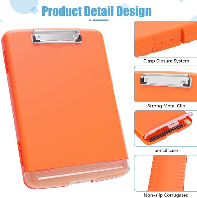 Hongri Clipboard with Storage with Pencil Case, 8.5 x 11 Storage Clip Board | High Capacity Organization Box for A4 Letter Legal Paper, Heavy Duty Folio & Side-Opening for Nurses, Teachers, Orange