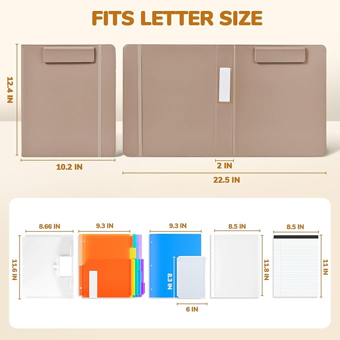 JoyCat 3 Ring Binder Clipboard with Storage, 5 Folders, Khaki | 3 ring clipboard portfolio combines five expandable folders, a refillable letter-size notepad and storage