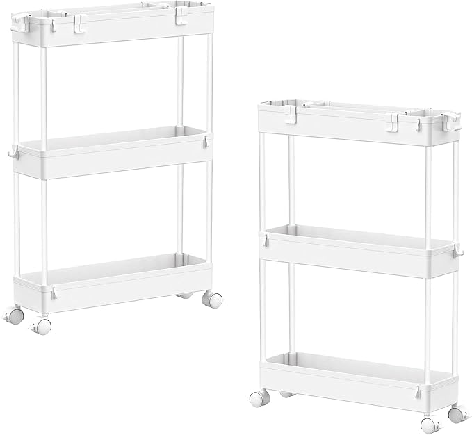 2-piece Set Slim Storage Cart 3 Tier,Bathroom Organizer Rolling Utility,Mobile Shelving Unit Slide Out for Office, Kitchen, Laundry Room & Narrow Places