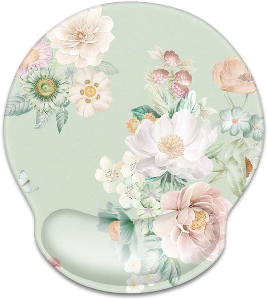 WAVEYU Ergonomic Mouse Pad with Wrist Support, Office Mousepad with Wrist Rest, Computer Gaming Mouse Pad for Laptop, Pain Relief Mouse Mat with Non-Slip Rubber Base, 9''x 10'', Green Flower 02