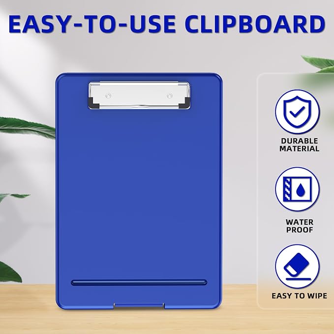 Clipboard with Storage, Plastic Storage Nursing Slim Clipboard with Low Profile Clip, Foldable Letter Size for Nurse, Kid, Salary, Coach, Jobsite, Industrial, Office(9" x 13"x 0.8", Blue)