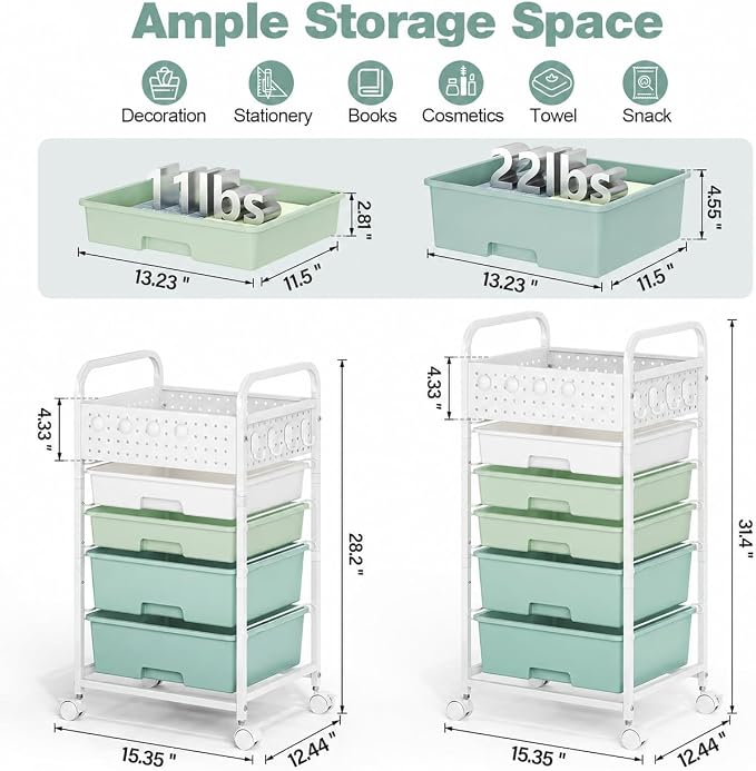 4 Drawer Rolling Storage Cart with Pegboard Top and Hooks, Gradient Green | Mobile Organizer Cart with Wheels for Office Supplies, Craft Storage, Classroom Organization, Home Utility Cart