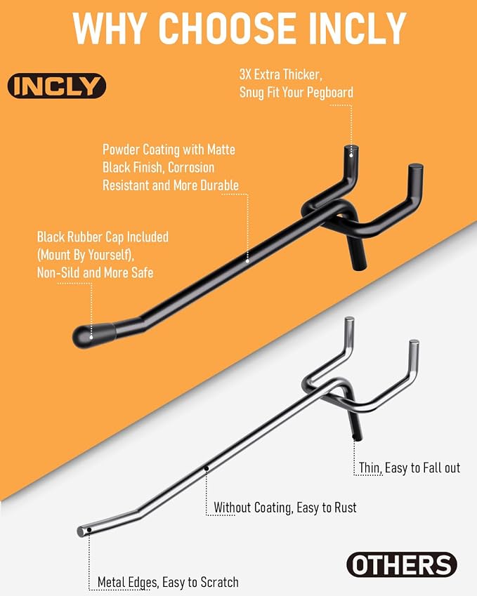 INCLY 60 Pack 4 Inch Black Pegboard Hooks, 1/4" Heavy Duty | Peg Board Shelving Hooks Accessories, Fit for 1/4" Pegboard, Garage, Crafts, Kitchen, Store, Peg Board Tool Hangers