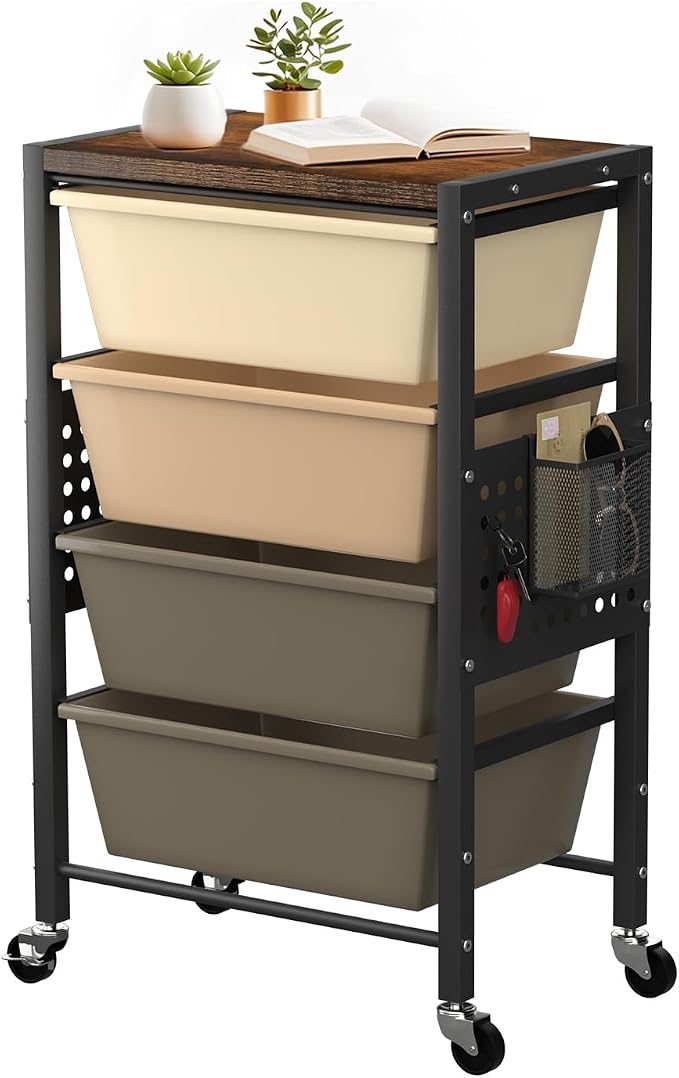 Rolling Cart with 4 Drawers, Plastic Drawer Storage Carts with Wheels & Wooden Tabletop, Metal Utility Cart with Pegboards, Office Living Room Classroom Craft Organization and Storage, Dark Brown