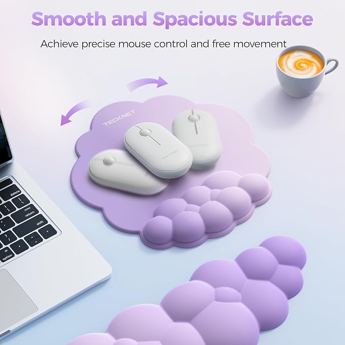 TECKNET Cloud Wrist Rest & Ergonomic Mouse Pad, Cloud Keyboard Wrist Rest with Non-Slip Base, PU Leather Memory Foam Wrist Pad for Keyboard and Mouse, Pain Relief for Typing, Gaming, Purple
