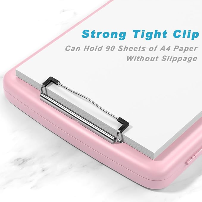 Rimilak Clipboard with Storage, 8.5 x 11'' High Capacity Clip Board, Pink | Smooth Writing, Side-Opening Plastic Folder with Pen Holder, Size 14.2 x 9.6 x 1.2″ ,for Classroom, Teacher, Student