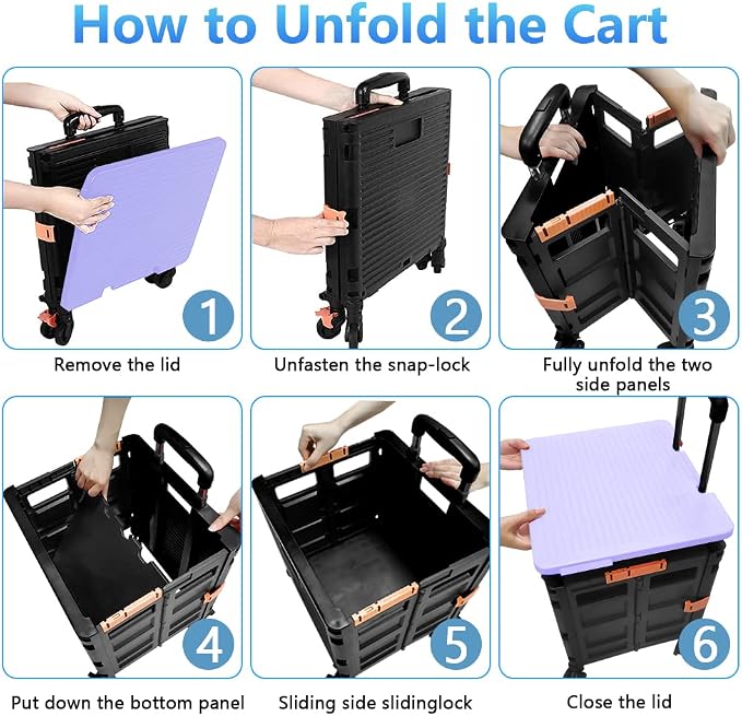 FELICON SELORSS Foldable Utility Cart Folding Portable Rolling Crate-Purple | Heavy Duty,Telescoping Handle,4 Rotate Wheels,Collapsible Handcart for Travel Shop Move Luggage Laundry Teacher Office Use