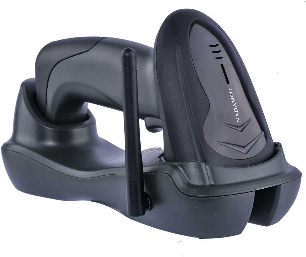 NADAMOO Wireless Barcode Scanner with Cradle, 2D Cordless Bar Code Reader 400m Transmission Distance CMOS Imager Read 1D, 2D, QR Code, Data Matrix, PDF417 for Windows Mac Linux