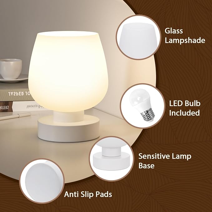 Seealle Small Touch Table Lamp for Nightstand, 3 Way Dimmable Bedside Lamp | White Glass Shade, Bedroom, Living Room, Night Stands, Small Spaces, LED Bulb Included, Gift Choice