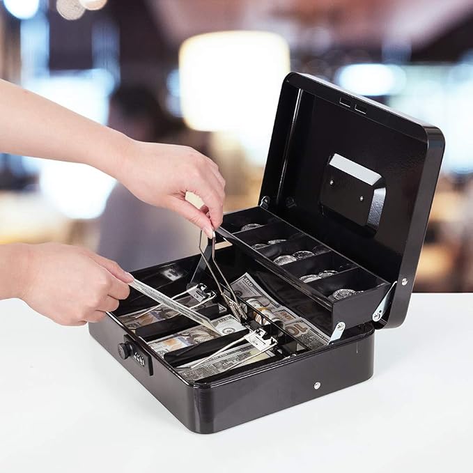 Cash Box with Money Tray and Combination Lock Metal Money Box for Cash Register Tiered Lock Box for Money 11.8" x 9.4" x 3.54" Black