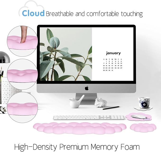 4 in 1 Ergonomic Leather Cloud Wrist Rest Keyboard and Mouse Pad & Coaster | Full 4-Piece Set, Non-Slip PU Base, Soft Memory Foam Comfort For Long Work/Gaming Hours, Cute Desk Decor, Easy To Clean
