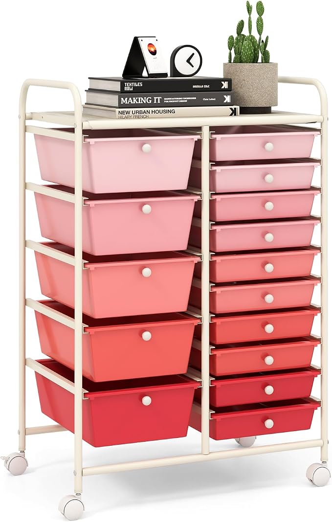 15 Drawer Rolling Storage Cart, Rolling Cart with Drawers for Classroom, Art Supply Craft Organizer on Wheel with Metal Frame & Handles for Home Office School