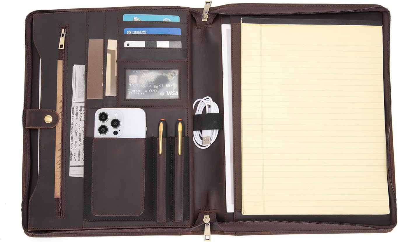 Genuine Leather Portfolio for Women and Men, 8.5 x 11 Legal Pad Padfolio, Zippered Notebook Organizer for 13” Laptop, Business Executive Professional Folio for Work, Dark Brown