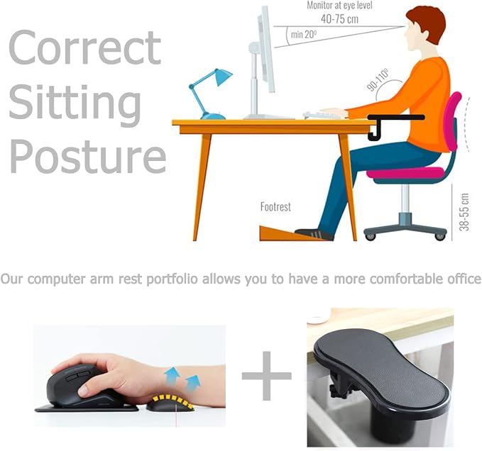 Computer Arm Rest for Desk, 180° Swivel Ergonomic Elbow Arm Support Desk | Adjustable Desk Extender Tray, Clamp On Desk Arm Rest, With Wrist Rest for Mouse, Easy To Install, Home & Office, Black