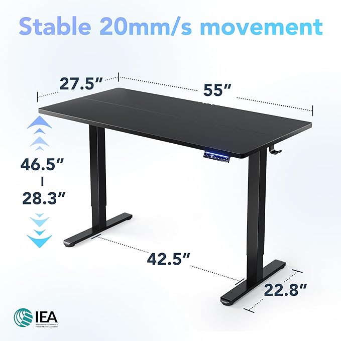 HUANUO AI-Powered Electric Standing Desk with Smart APP, Compatible with Alexa & Google, Adjustable Height, 6 Memory Settings, Sedentary Reminder, Ergonomic Sit-Stand Desk, 55-inch, Black