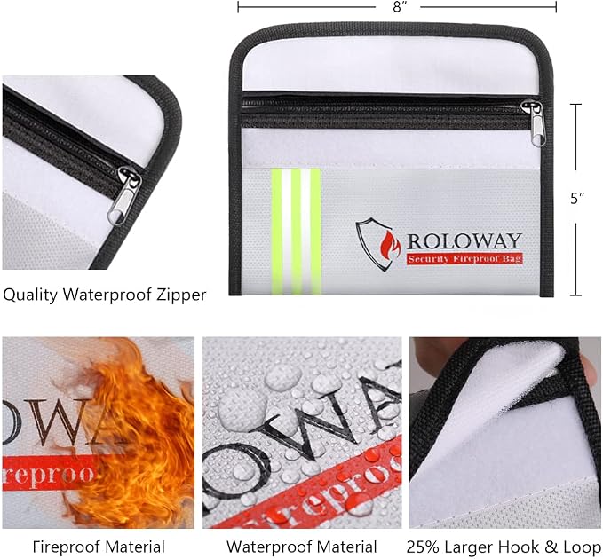 Small Fireproof Bag (5 x 8 inches) with Reflective Strip, Non-itchy Fireproof Money Bag for Cash, Valuables, Passport, Currency & Keys (2-Pack Silver)