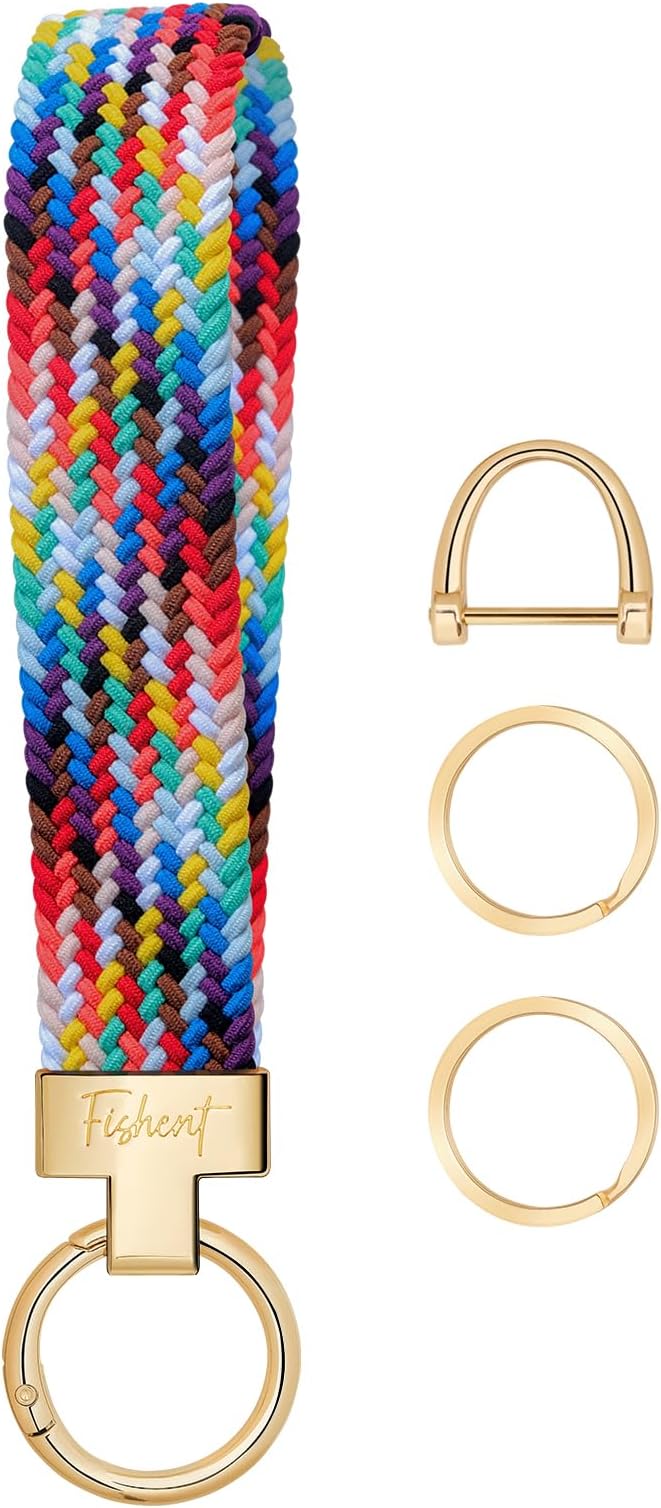 Fishent Stretchy Wristlet Keychain, Cute Key Chain, Woven Wrist Lanyard for Car Keys with 3 Keyrings and D-ring for Women Men
