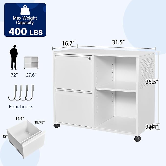 2-Drawer Metal File Cabinet with Lock, Mobile Lateral Filing Cabinet, Printer Stand with Adjustable Storage Shelves for Home Office (White)