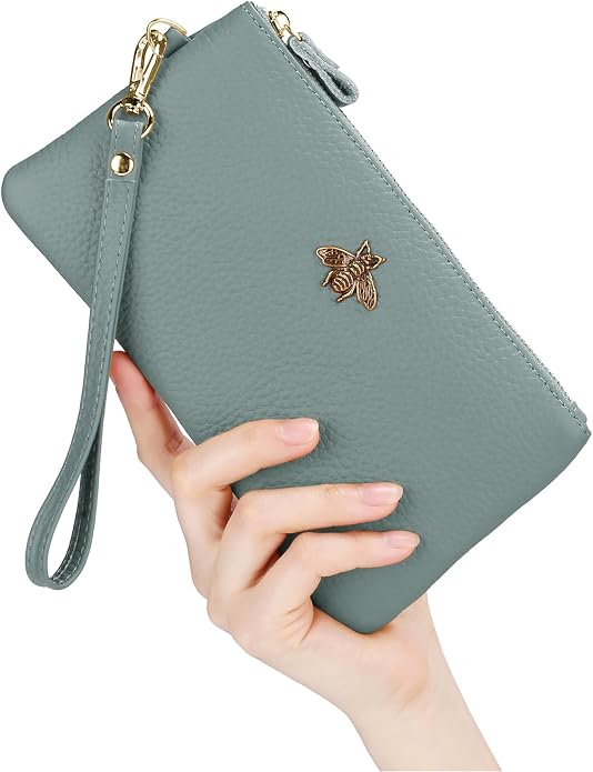 imeetu Wristlet Wallets for Women, Wristlet Clutch Purse, Phone Wallet | Genuine Leathe Wallet Women, Lightweight Water-resistant Long Wallet with Wrist Strap, Zip Coin Pocket, Gift Box, Bee Decor