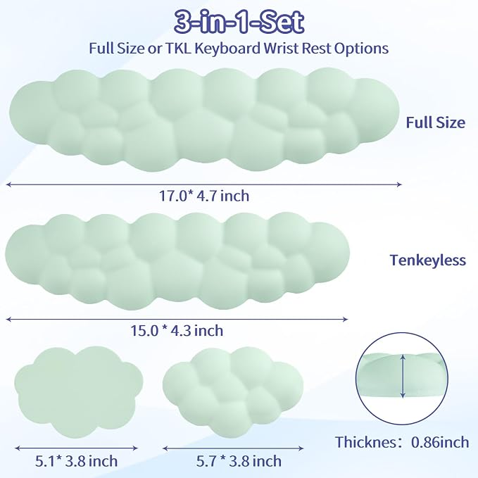 Cloud Wrist Rest Keyboard, Cloud Keyboard Wrist Pad Set with PU Leather Memory Foam, Cute Arm Rest for Palm Support, PC/Gaming Desk Accessories/Office Setup/Computer Hand Cushion - Light Green
